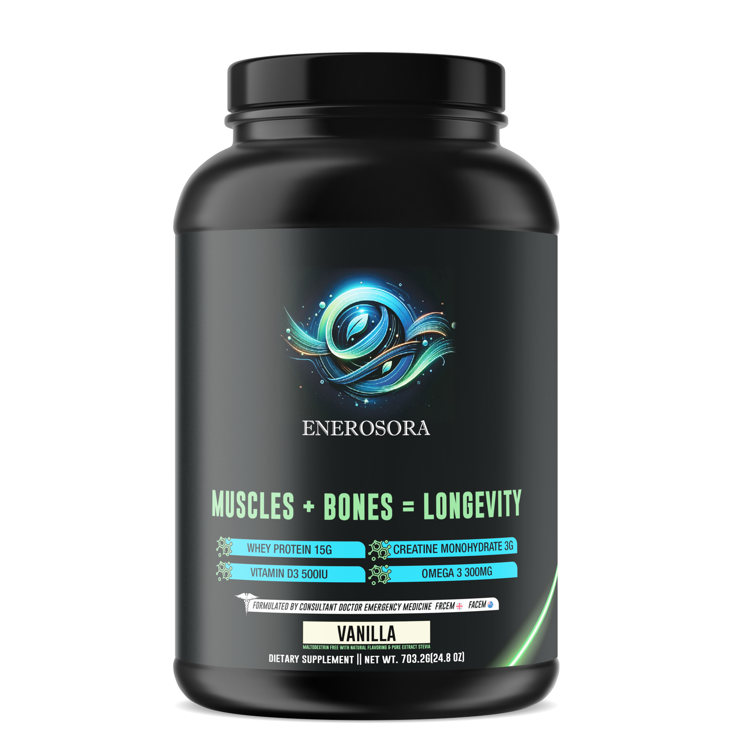 Enerosora Muscle Builder Supplement for Adults Over 40 – Vanilla Flavor with Whey, Creatine, Omega-3 and Vitamin D3