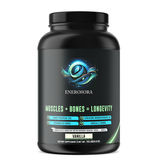 Enerosora Muscle Builder Supplement for Adults Over 40 – Vanilla Flavor with Whey, Creatine, Omega-3 and Vitamin D3